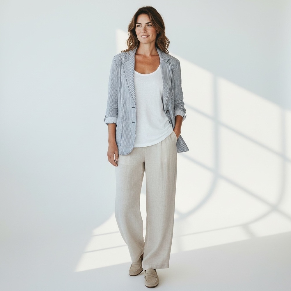 Chico's Seersucker Striped gray white yellow Yachtie Blazer coastal classic - Picture 5 of 16